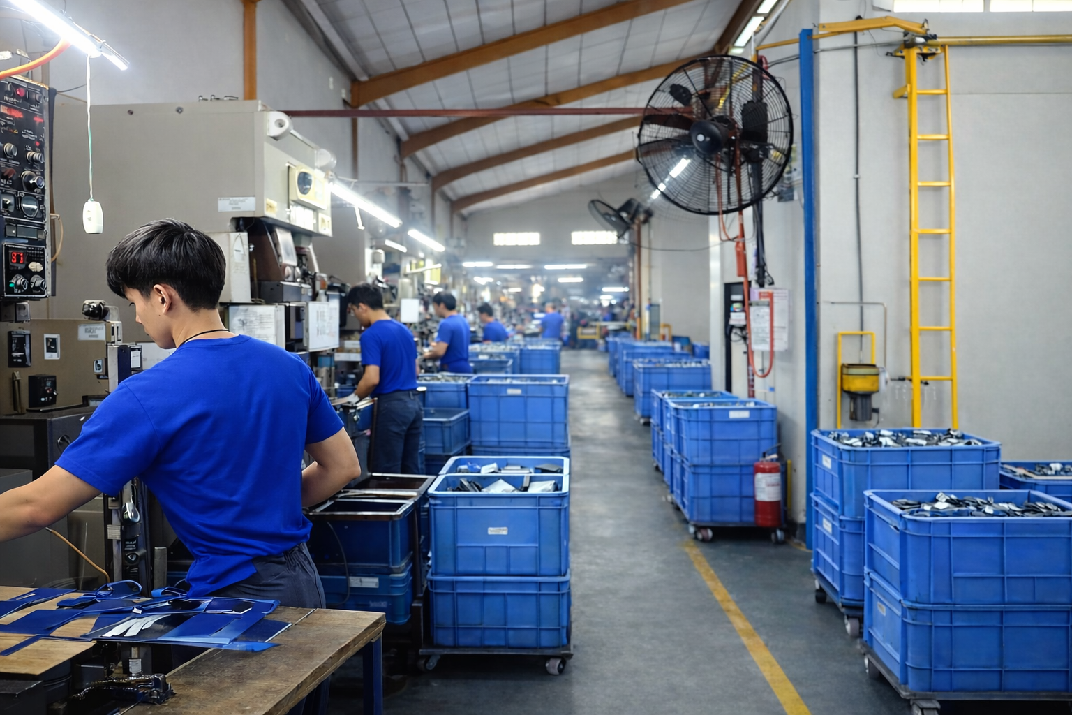 Production line inside NHM with operators and blue material bins