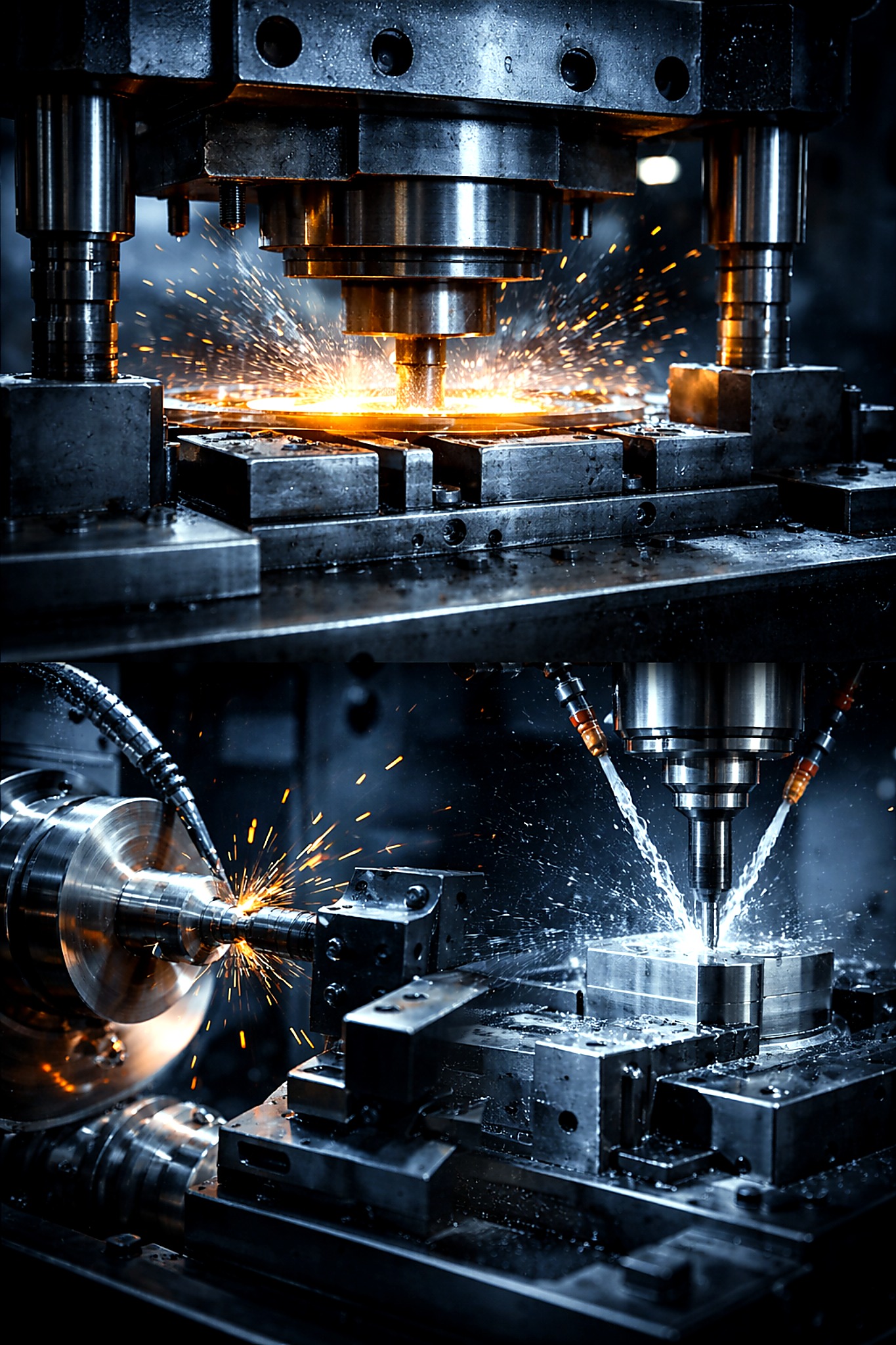 NHM hero image showing press machine and CNC milling operations