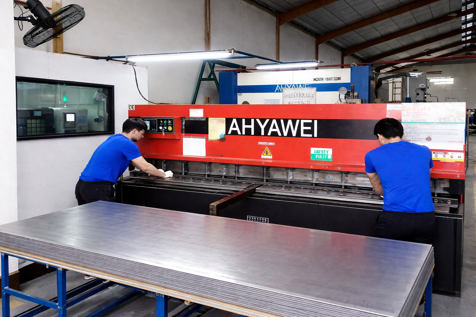 Workers operating sheet metal equipment inside NHM